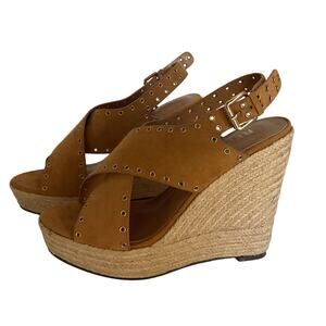 Report Wedge Sandals  Caden Espadrille Studded Tan Platform Peep Toe Boxed Sz 7